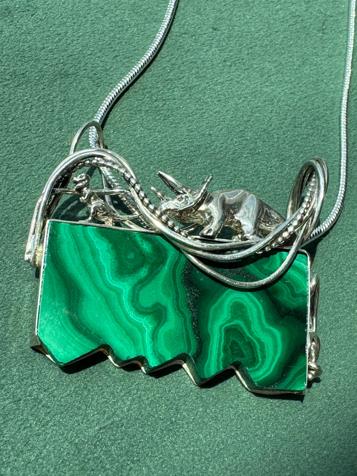 Vintage Sterling Silver Great Falls Metal Works Triceratops Malachite Brooch & Pendant
