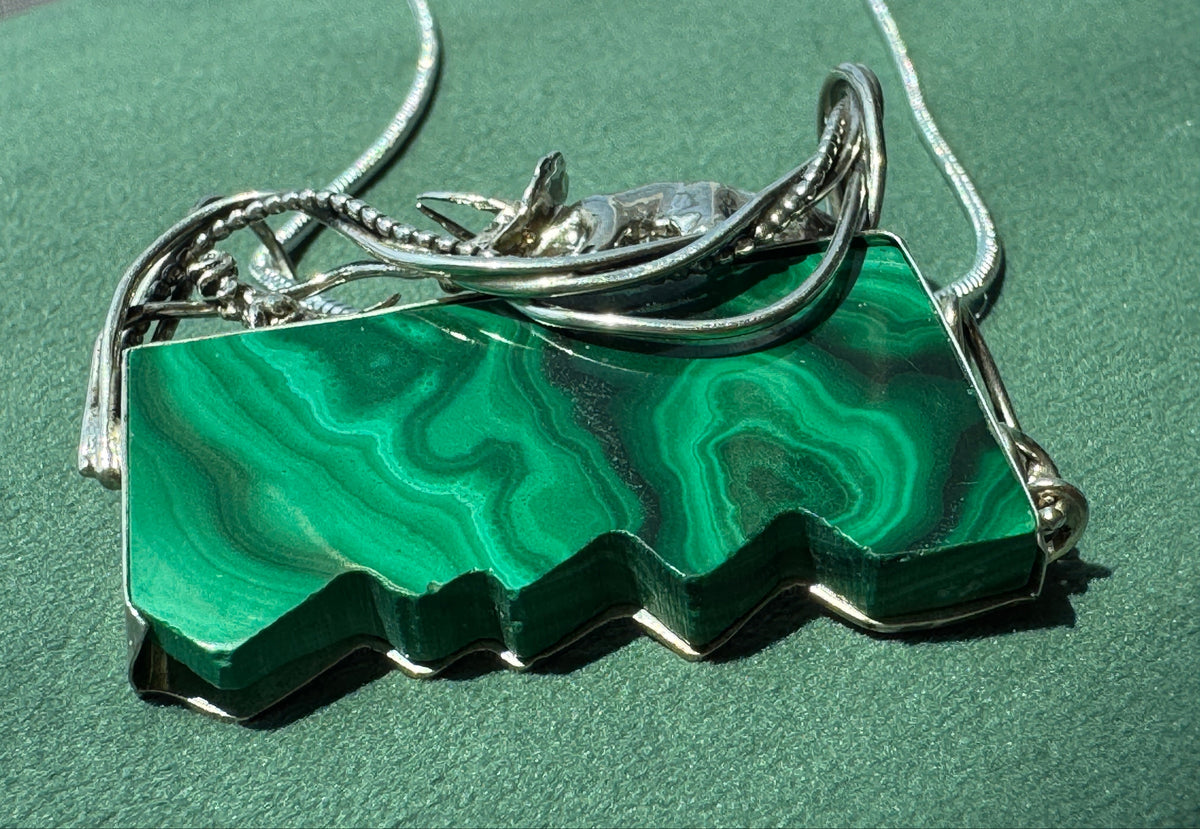 Vintage Sterling Silver Great Falls Metal Works Triceratops Malachite Brooch & Pendant