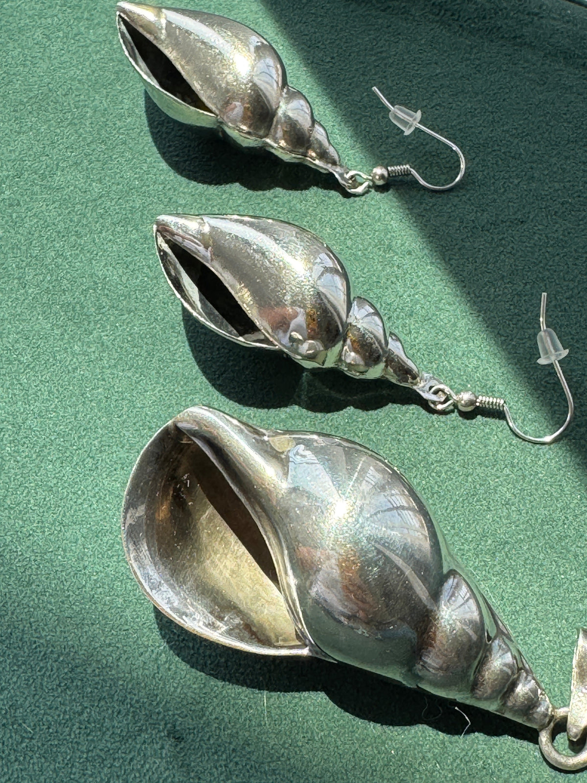 Vintage Sterling Silver Conch Shell Pendant and Earring Set Mermaid Life In Two Matching Pieces