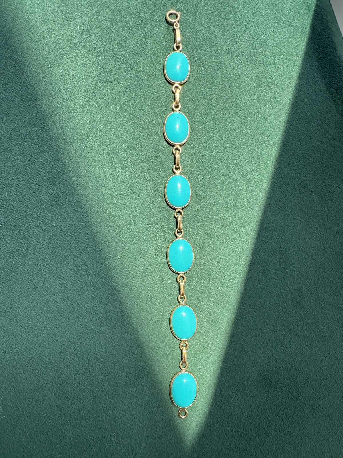 Vintage 14K Gold Turquoise Cabochon Link Bracelet Six Stones That Do Not Do Subtle