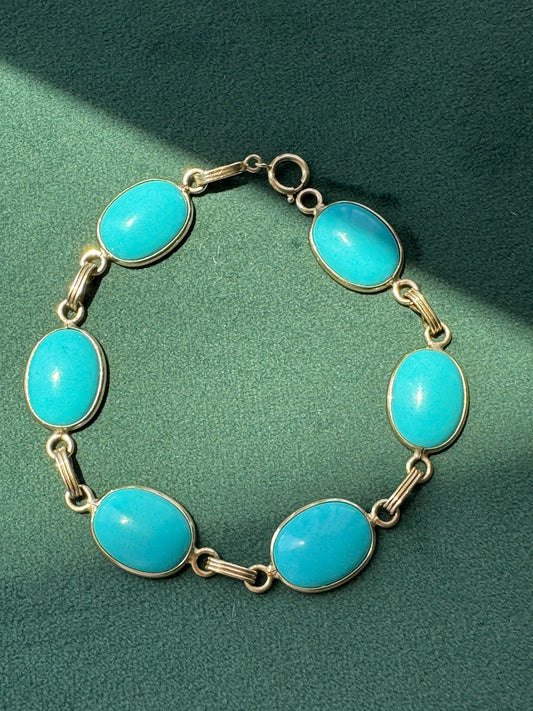 Vintage 14K Gold Turquoise Cabochon Link Bracelet Six Stones That Do Not Do Subtle