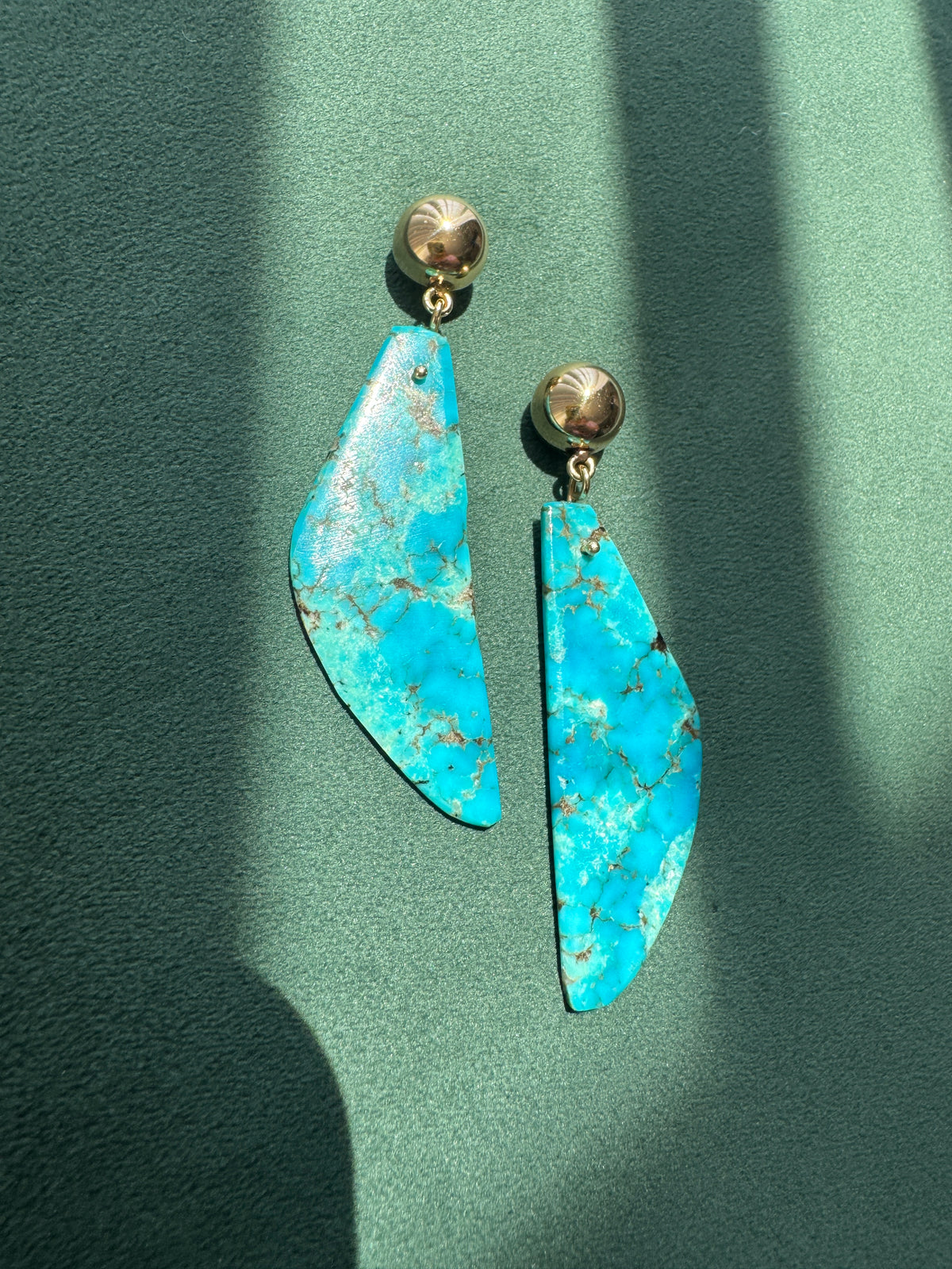 Vintage 14K Gold Genuine Kingman Turquoise Modernist Slab Earrings Wearable Sculpture