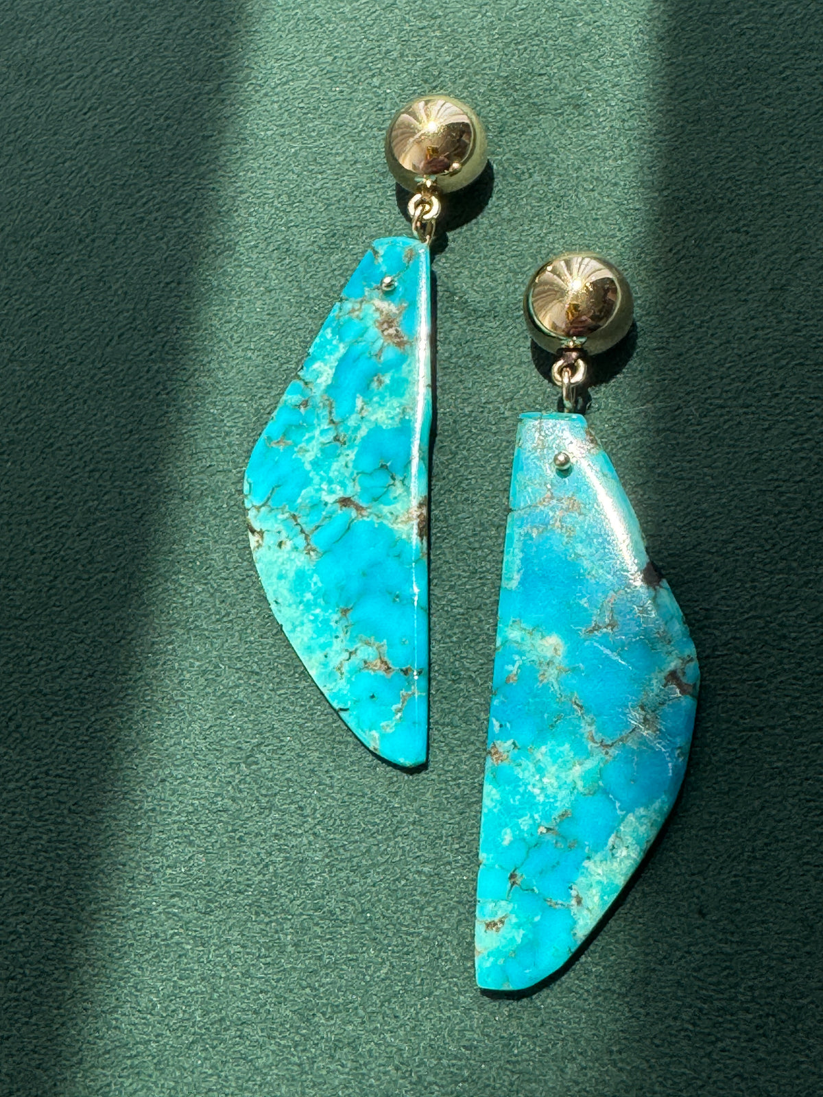 Vintage 14K Gold Genuine Kingman Turquoise Modernist Slab Earrings Wearable Sculpture