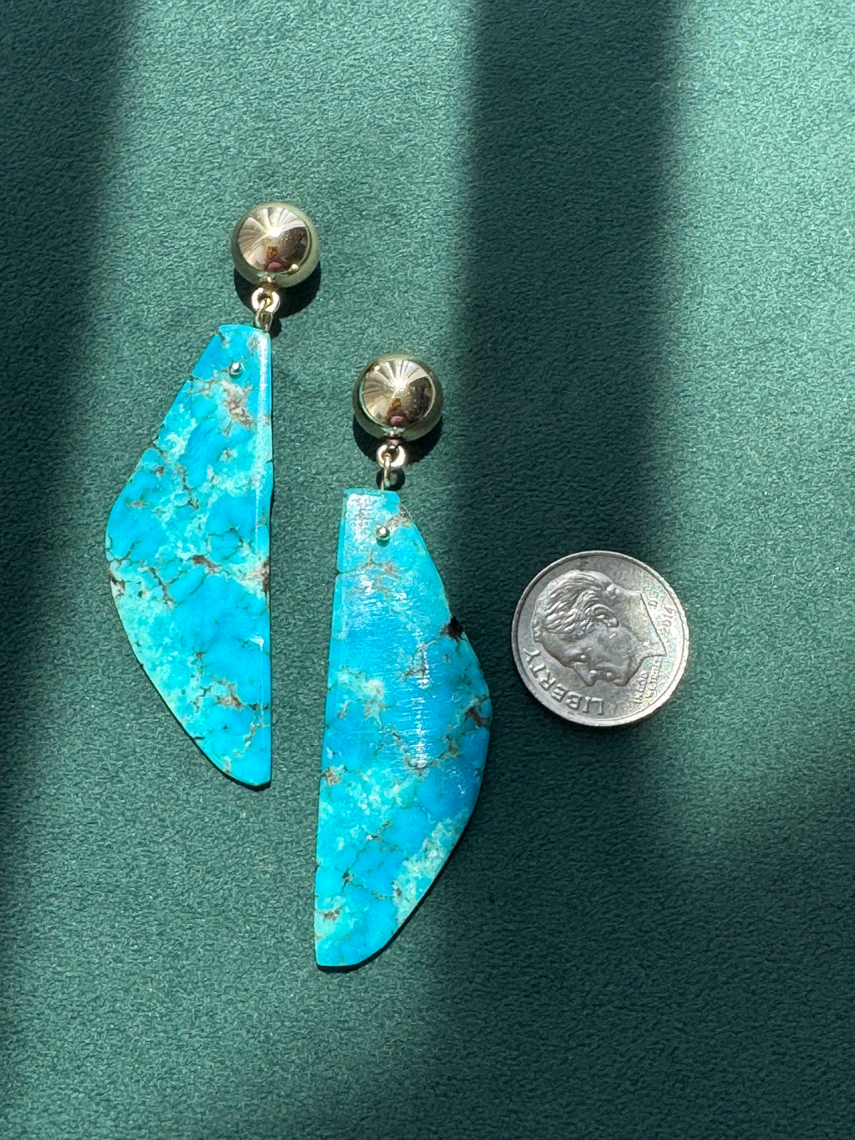 Vintage 14K Gold Genuine Kingman Turquoise Modernist Slab Earrings Wearable Sculpture