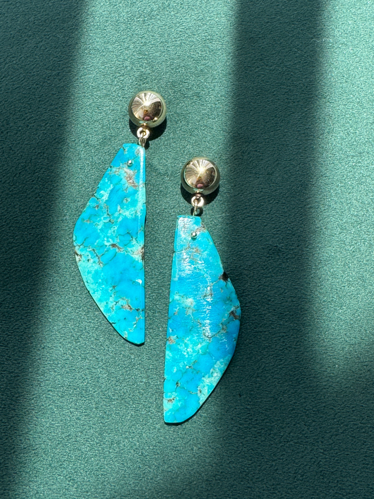 Vintage 14K Gold Genuine Kingman Turquoise Modernist Slab Earrings Wearable Sculpture