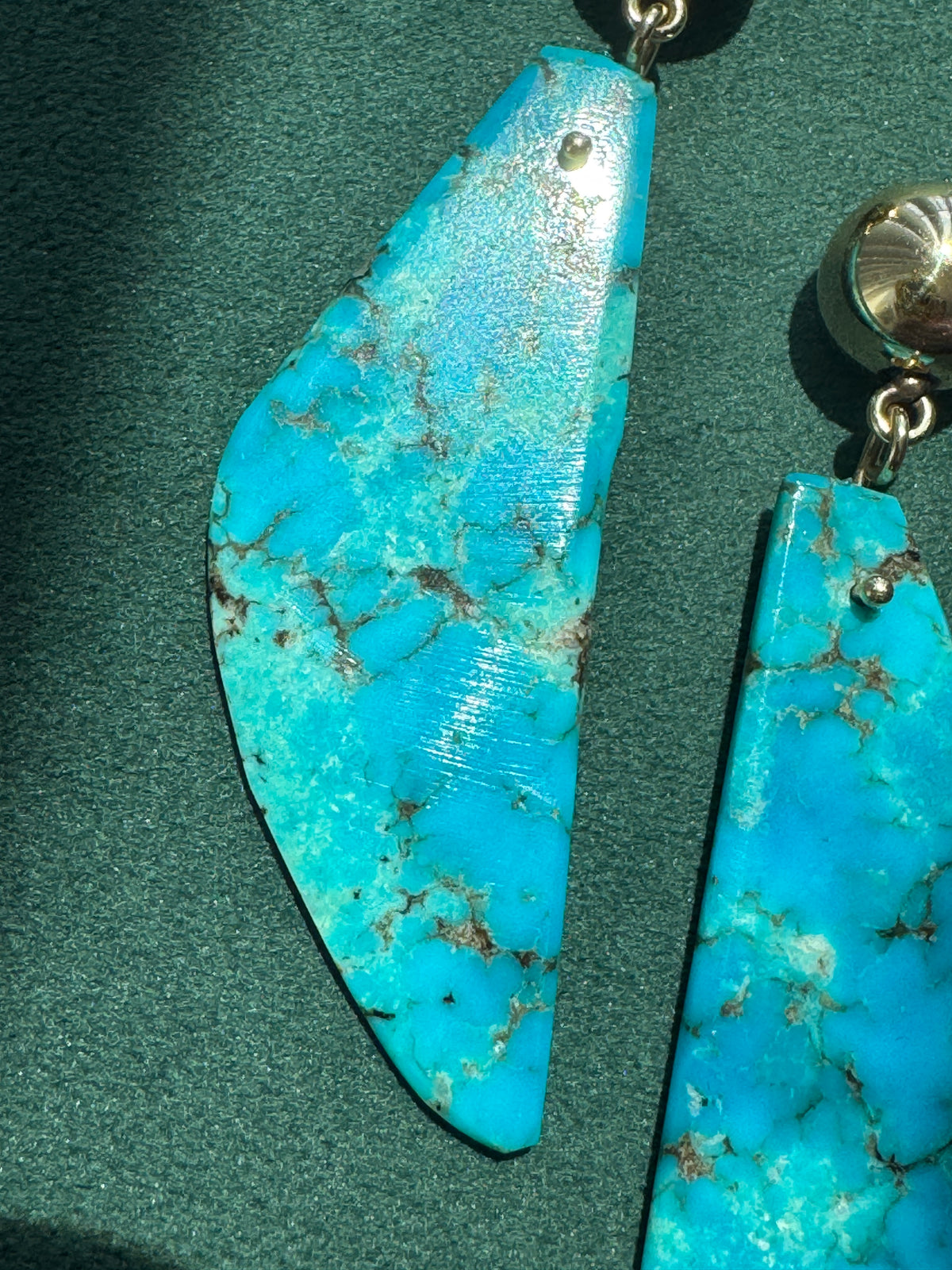 Vintage 14K Gold Genuine Kingman Turquoise Modernist Slab Earrings Wearable Sculpture