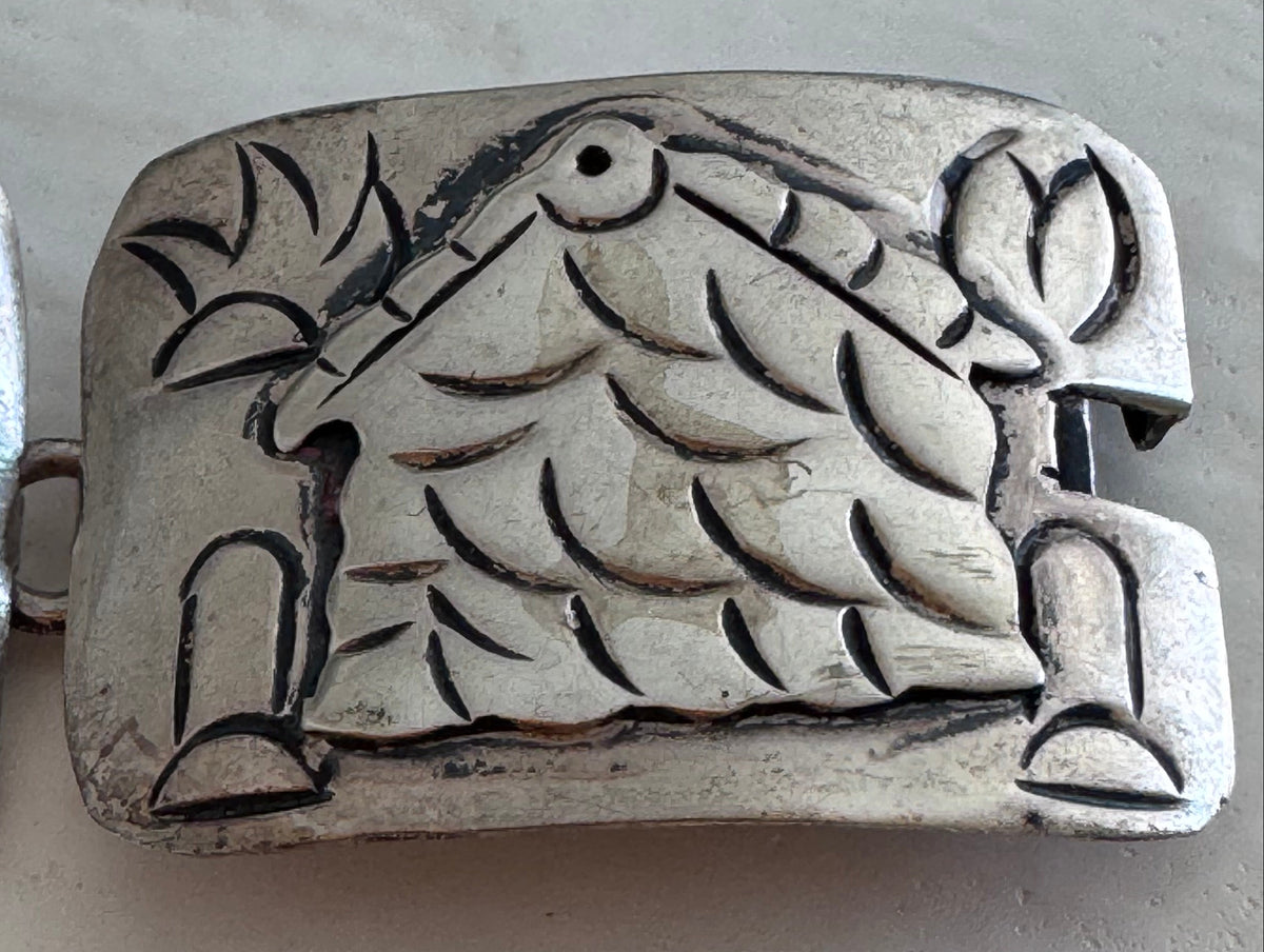 Estate J. Alvarez Taxco Mexican sterling silver storyteller panel bracelet showing detailed cultural scenes with guitar player, pottery, and folk motifs