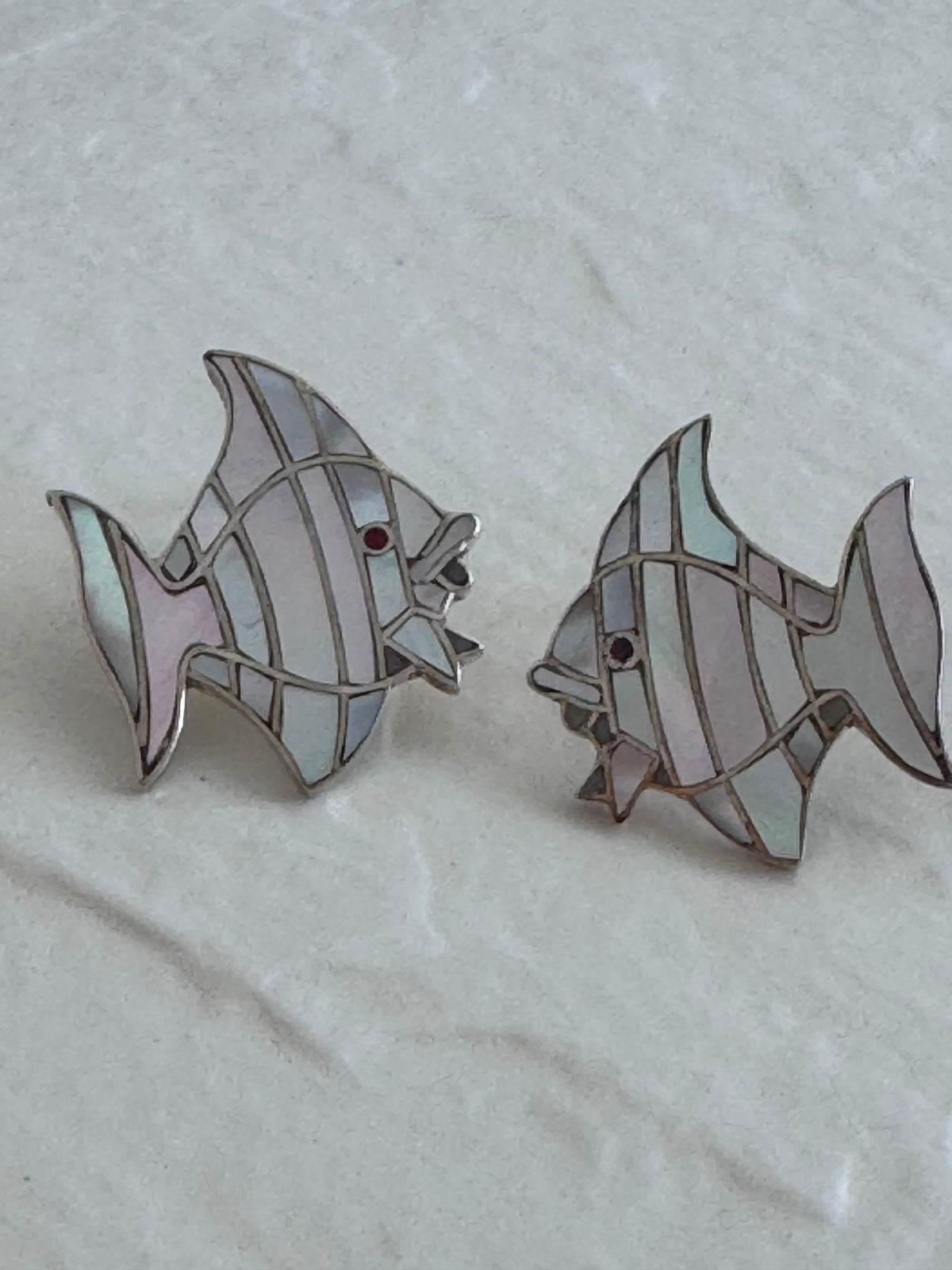 Vintage sterling silver angelfish brooches with mother of pearl mosaic inlay and red accent eyes