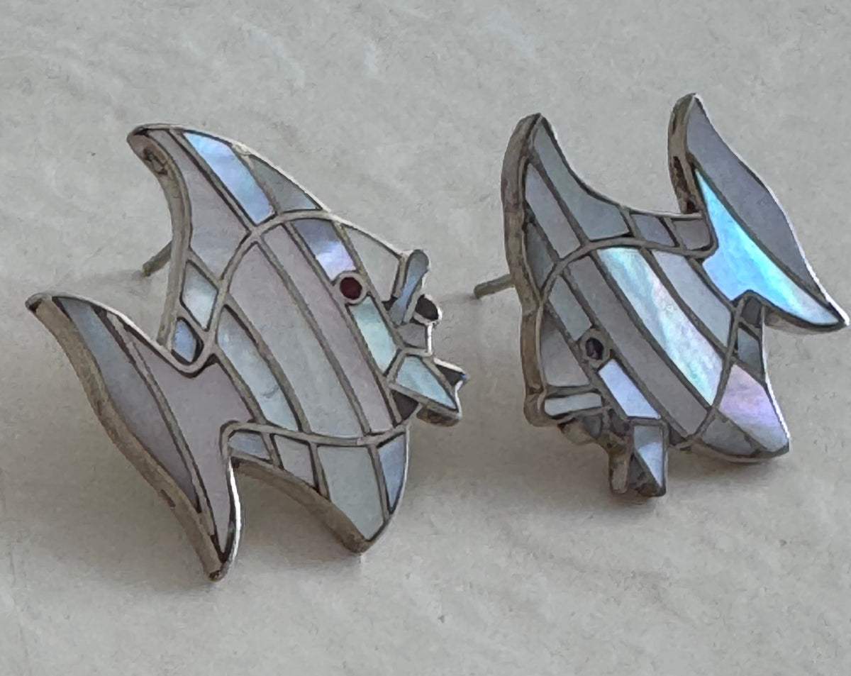 Vintage sterling silver angelfish brooches with mother of pearl mosaic inlay and red accent eyes