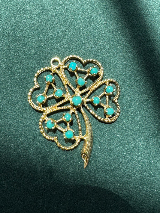 Vintage 14K Gold Turquoise Four Leaf Clover Pendant Lucky Charm Curled Stem Detail