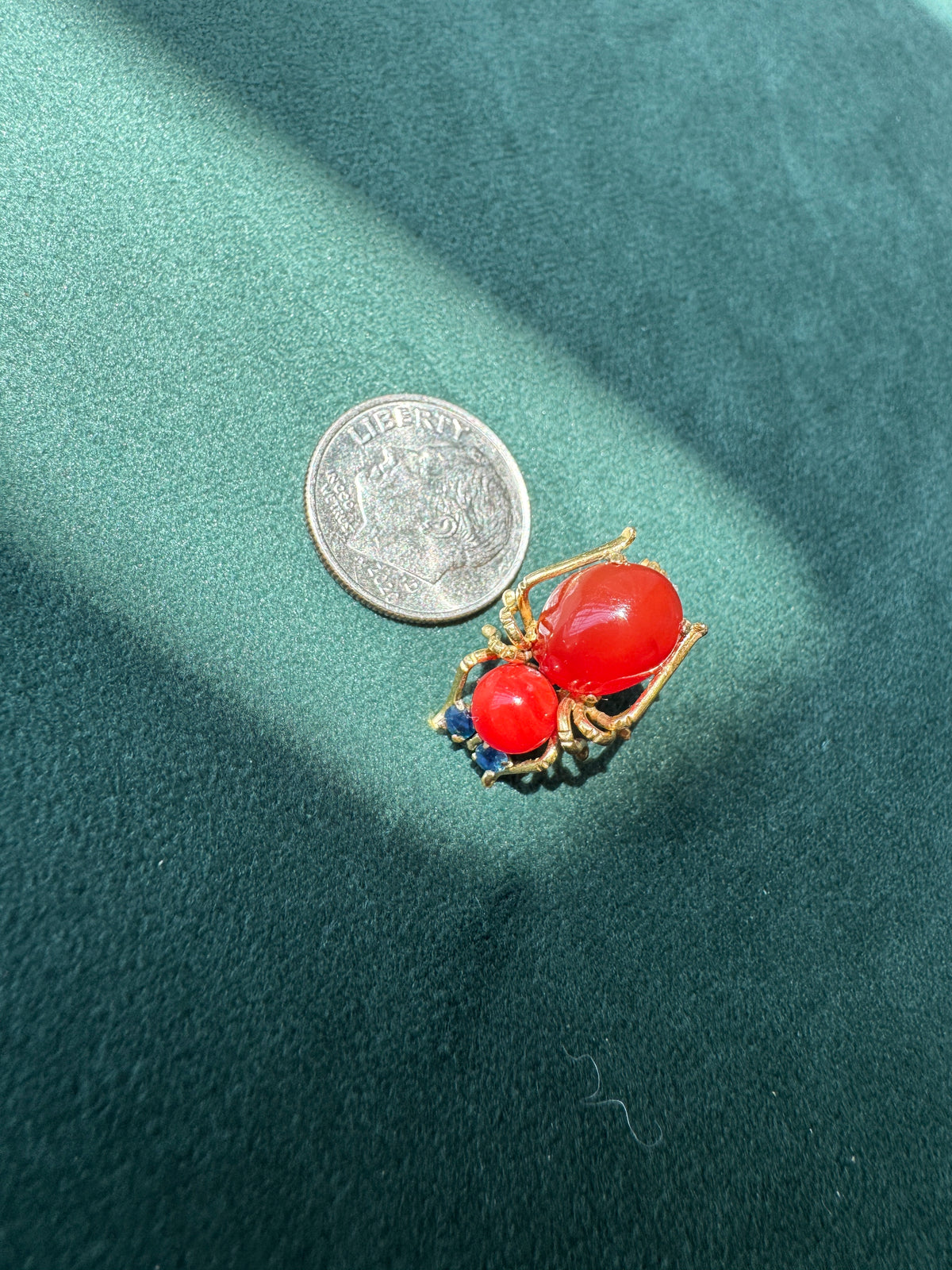 Vintage Victorian 14K Gold Figural Spider Brooch Sapphire Accents C Clasp