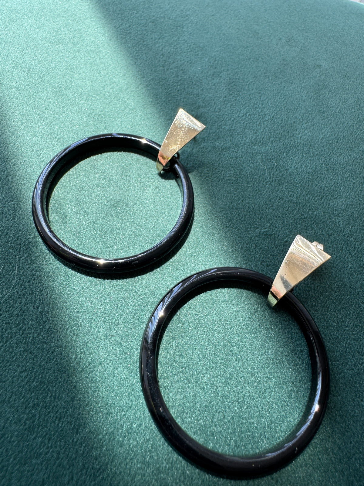 Vintage Peter Brams Designs 14K Gold Black Onyx Hoop Drop Earrings PBD