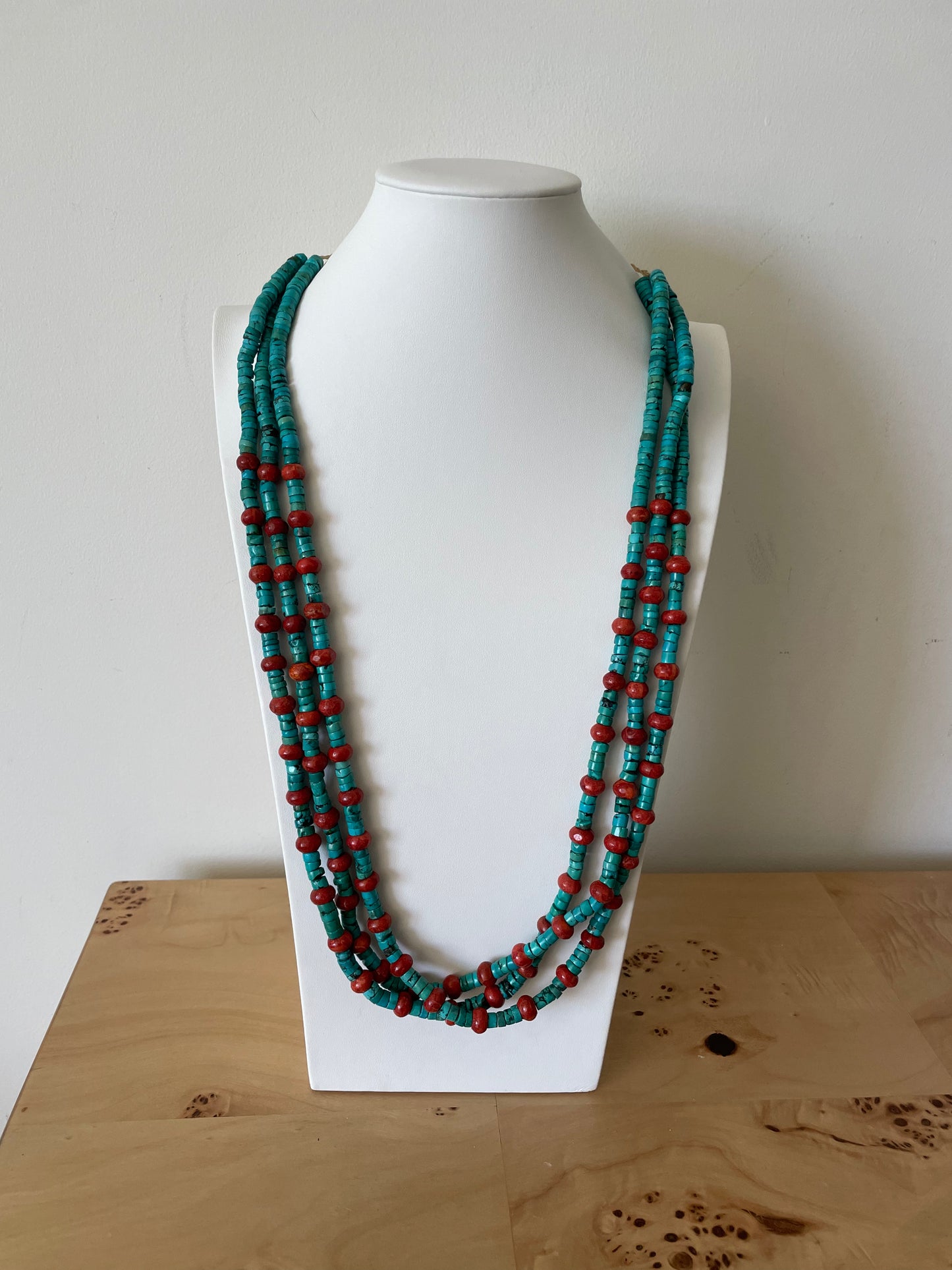 Vintage Turquoise and Orange Stone Beaded Heishi Necklace Large and Long Southwestern Style