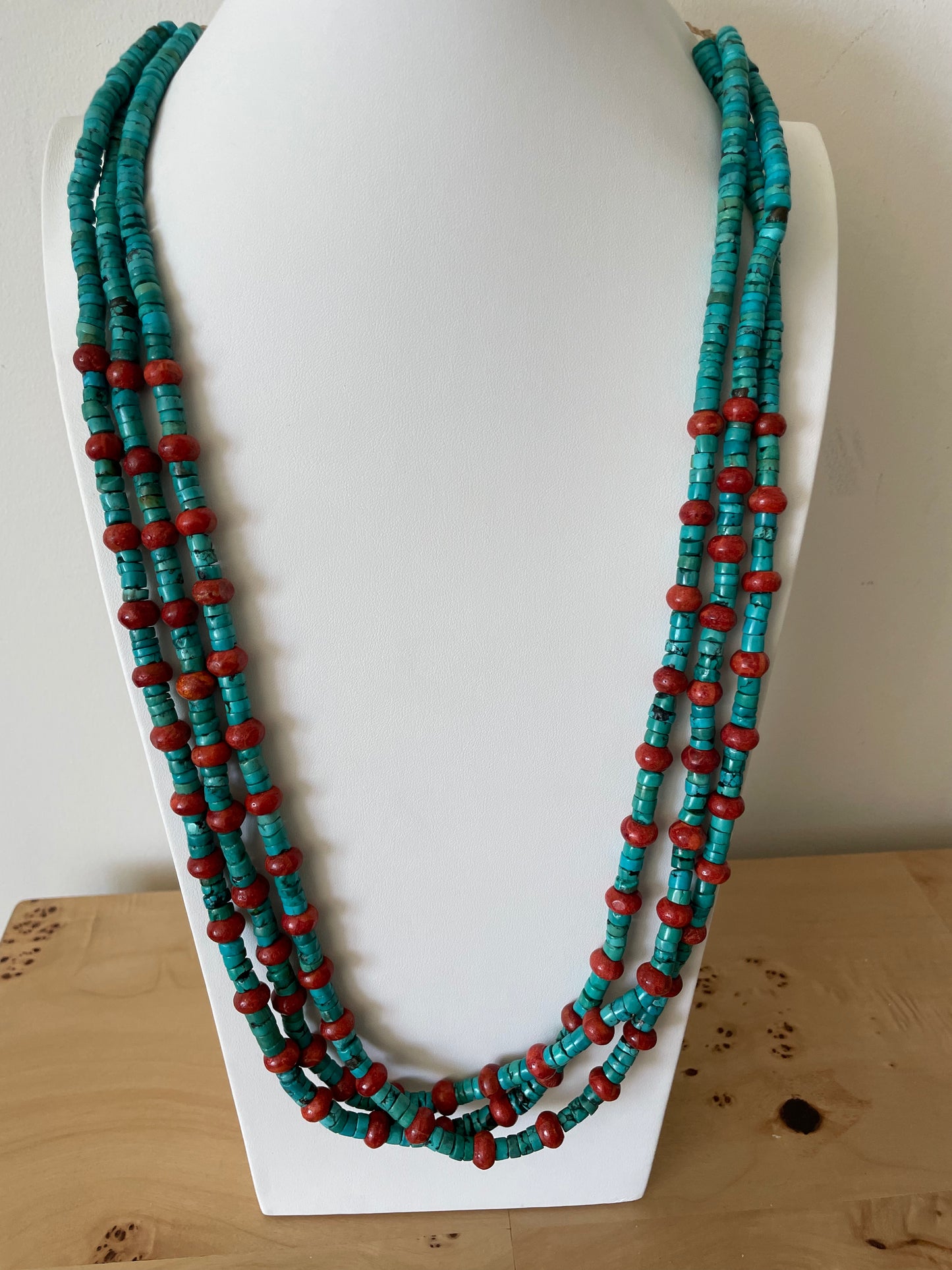 Vintage Turquoise and Orange Stone Beaded Heishi Necklace Large and Long Southwestern Style