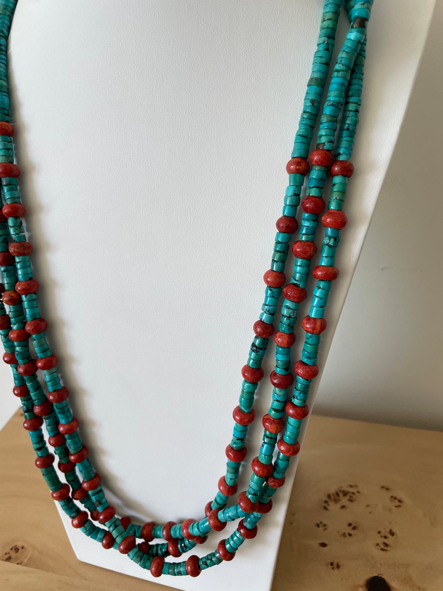 Vintage Turquoise and Orange Stone Beaded Heishi Necklace Large and Long Southwestern Style