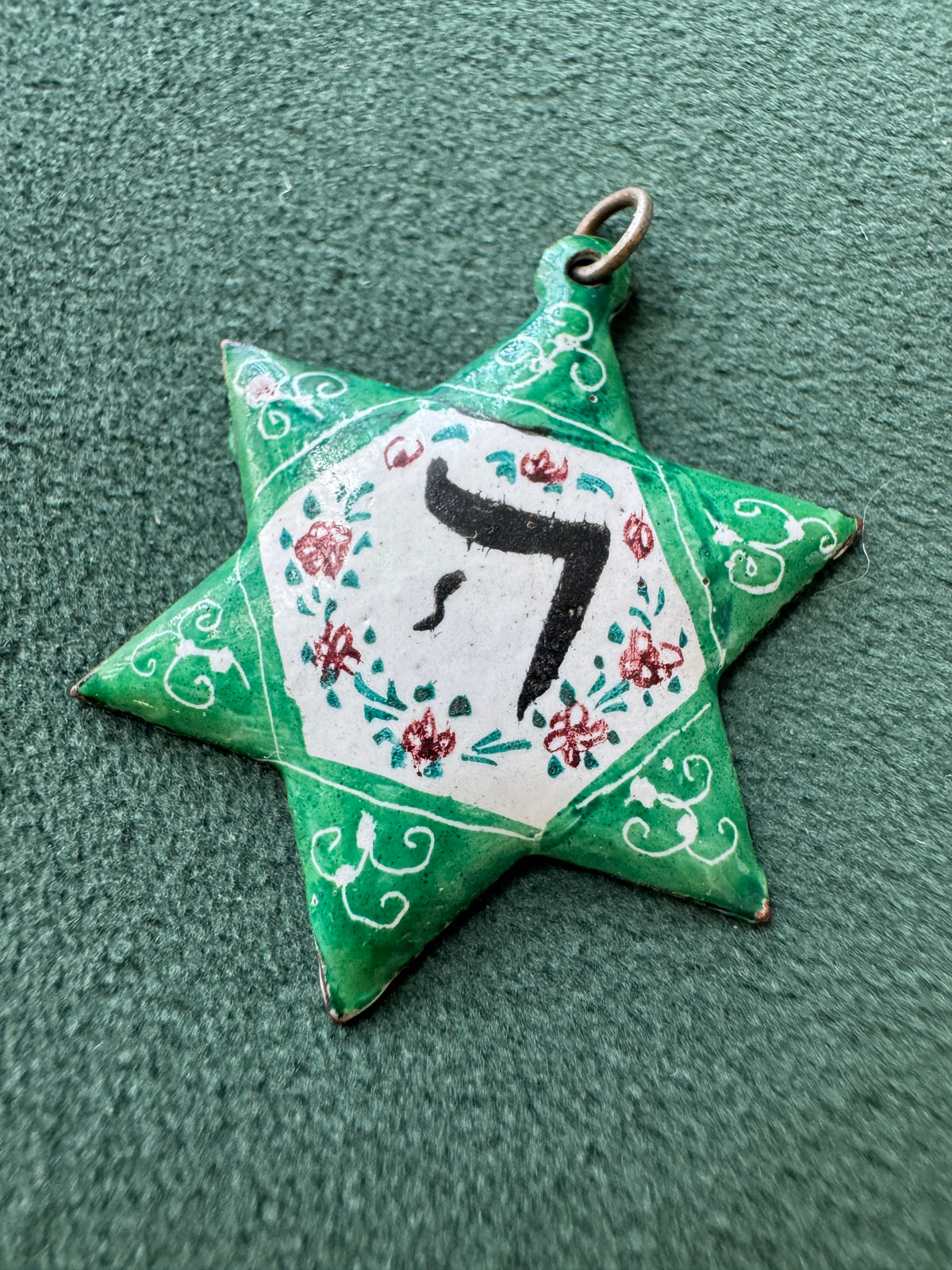 Vintage Copper Hand Painted Enamel Star of David Pendant Chai Judaica