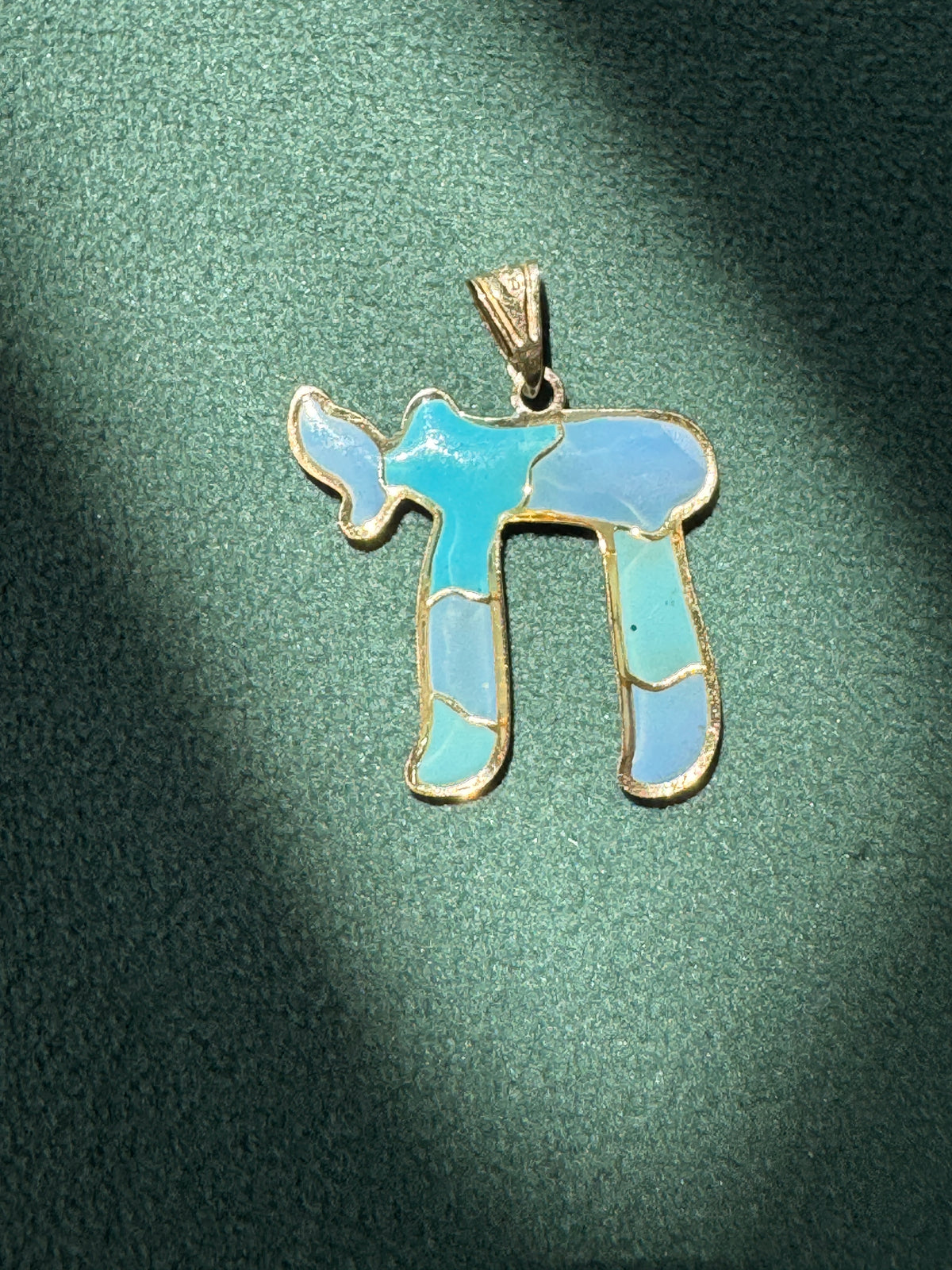 Vintage 14K Gold Puffy Enamel Chai Pendant Blue Judaica