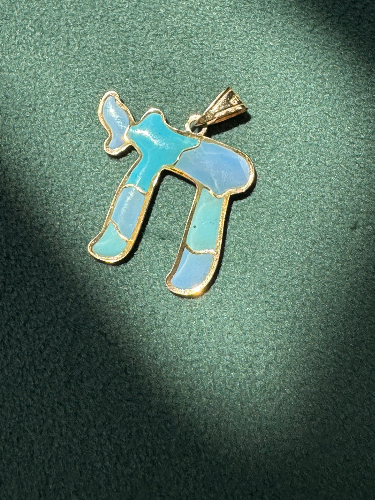 Vintage 14K Gold Puffy Enamel Chai Pendant Blue Judaica