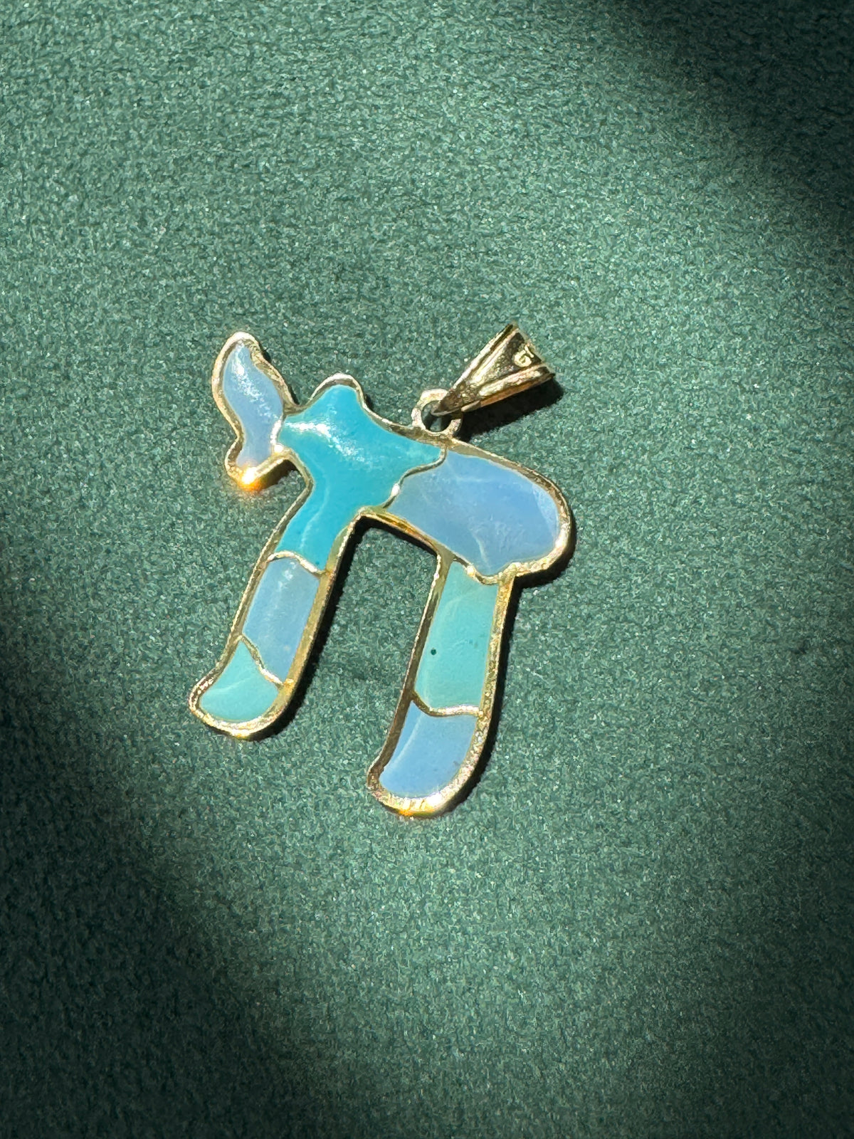 Vintage 14K Gold Puffy Enamel Chai Pendant Blue Judaica