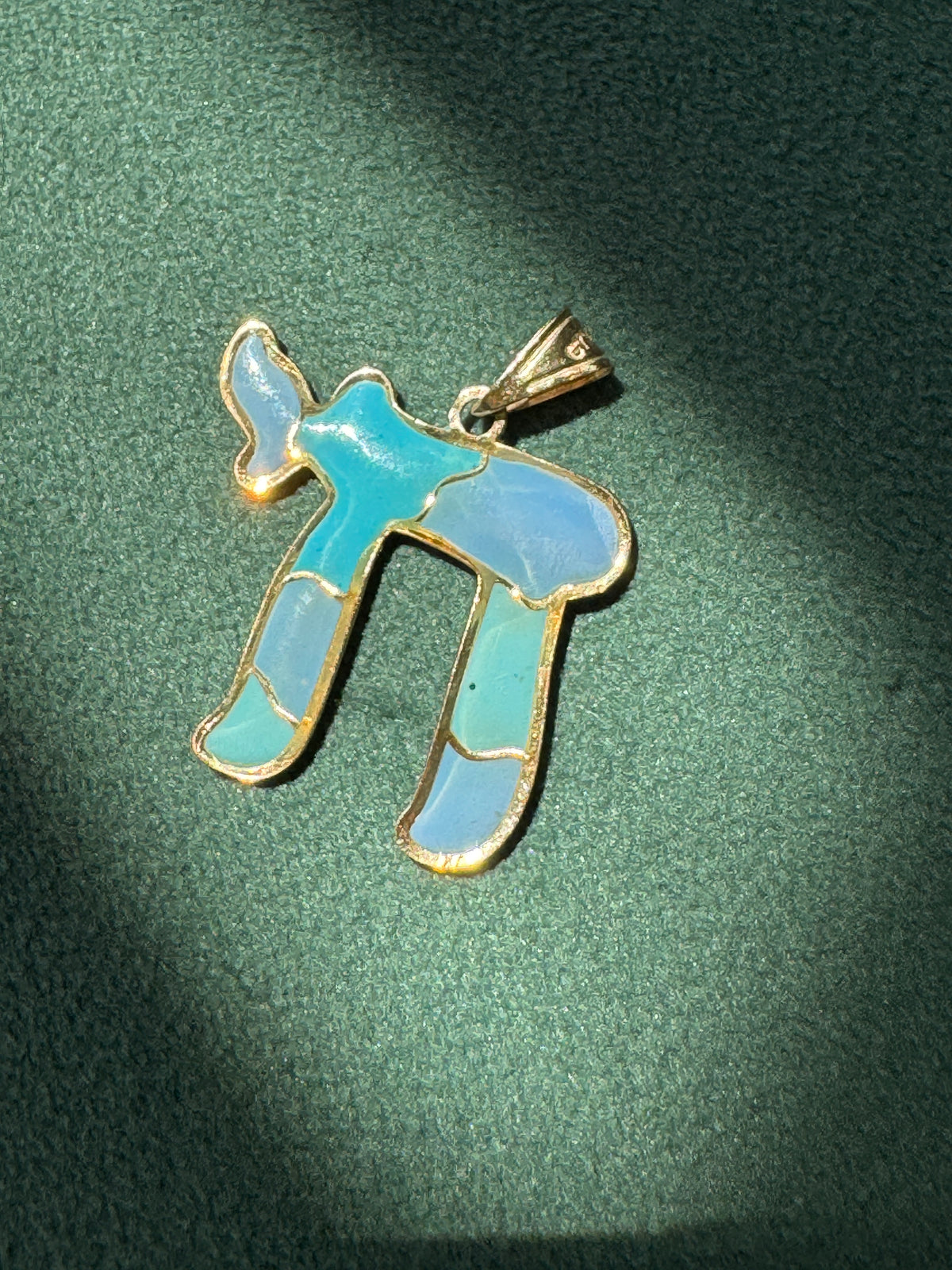 Vintage 14K Gold Puffy Enamel Chai Pendant Blue Judaica