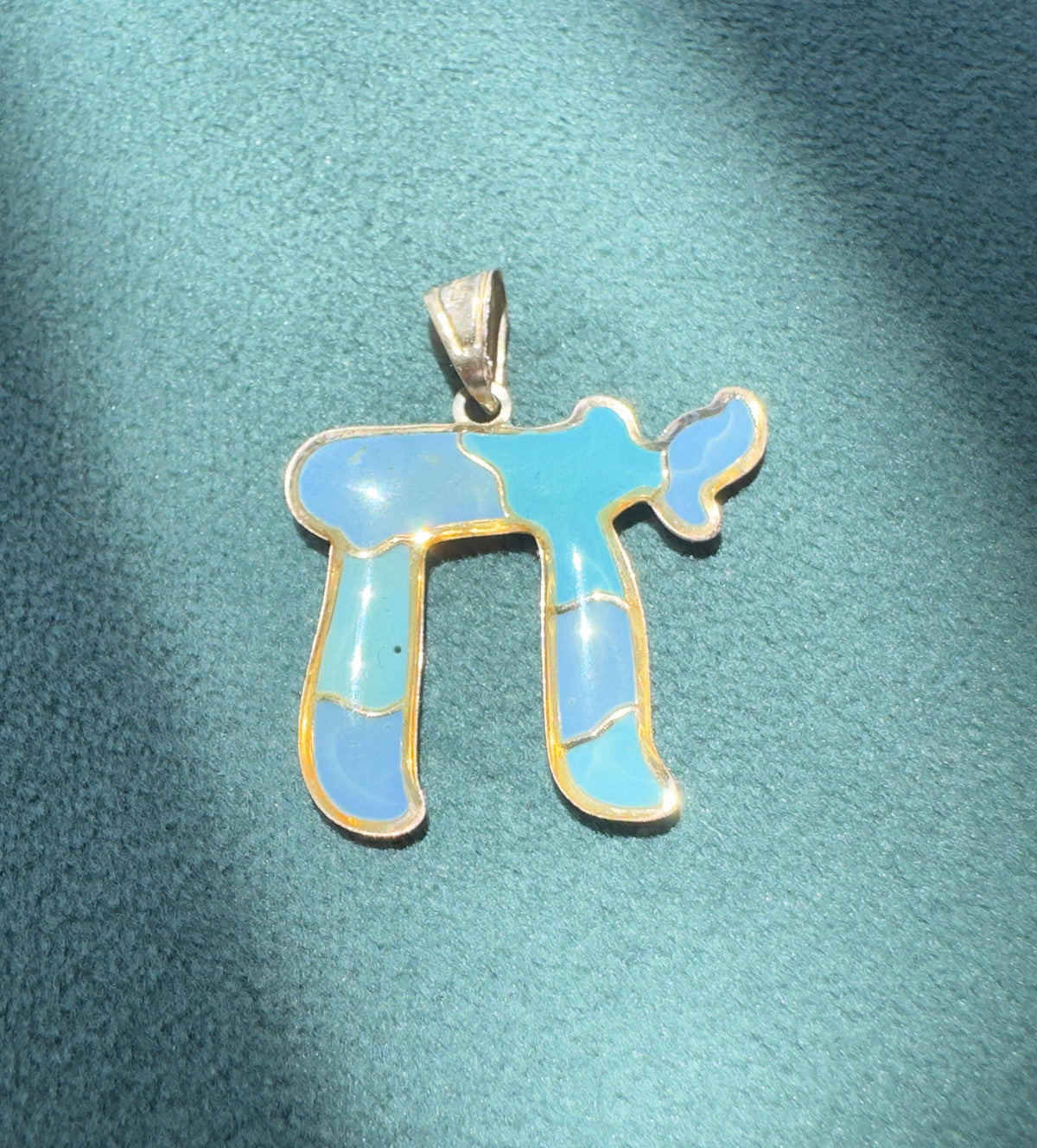 Vintage 14K Gold Puffy Enamel Chai Pendant Blue Judaica