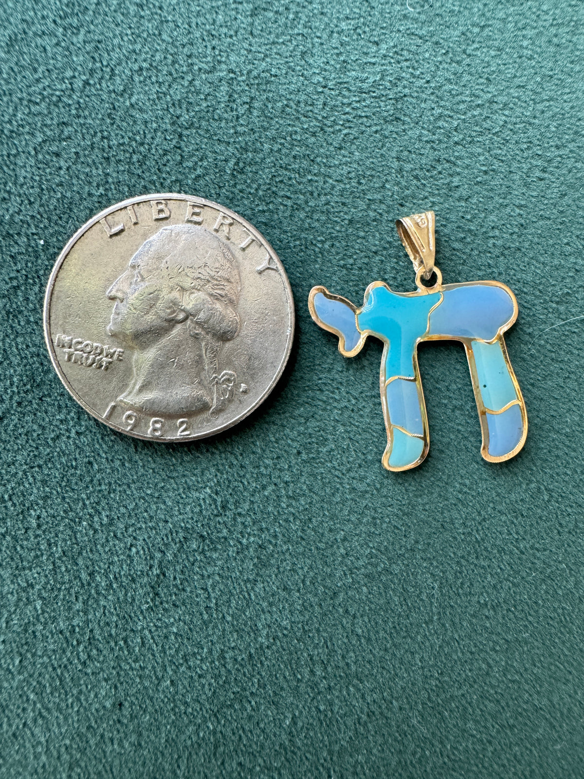 Vintage 14K Gold Puffy Enamel Chai Pendant Blue Judaica