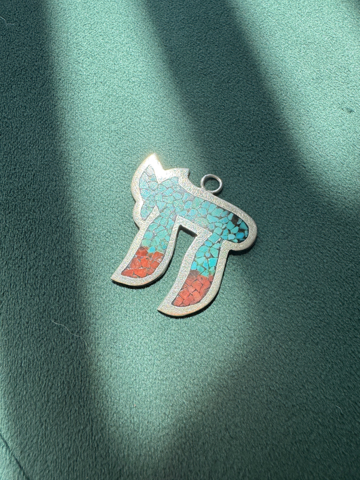 Vintage Sterling Silver Chai Pendant With Turquoise and Red Stone Mosaic Inlay