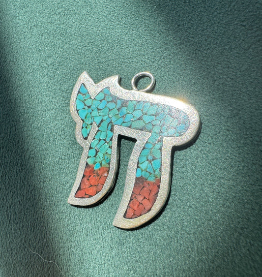 Vintage Sterling Silver Chai Pendant With Turquoise and Red Stone Mosaic Inlay
