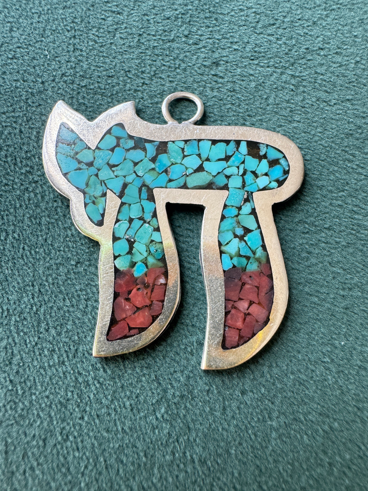 Vintage Sterling Silver Chai Pendant With Turquoise and Red Stone Mosaic Inlay