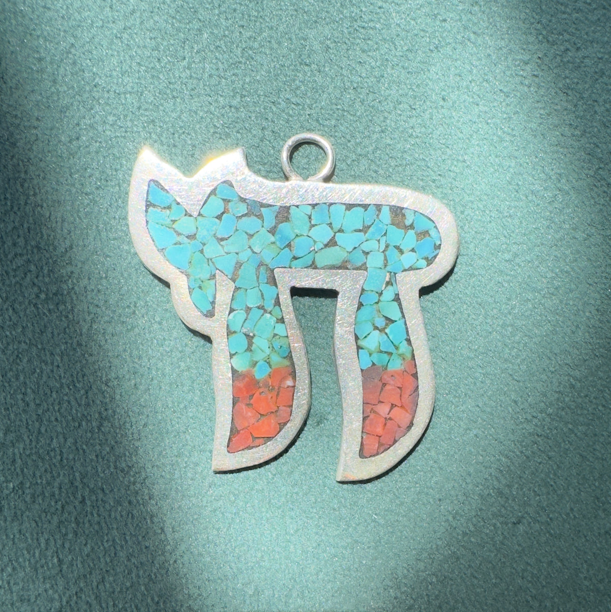 Vintage Sterling Silver Chai Pendant With Turquoise and Red Stone Mosaic Inlay