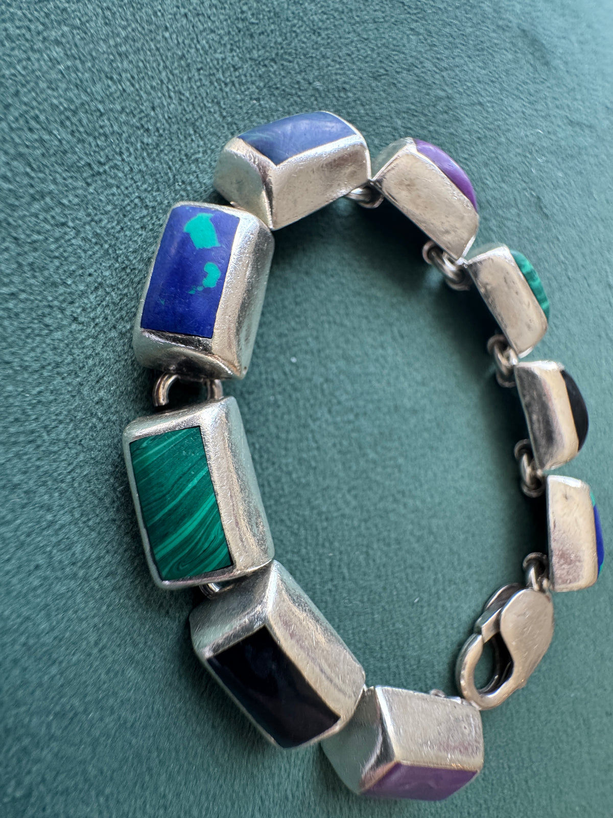 Vintage Sterling Silver Mexico Multi Stone Link Bracelet Malachite Onyx Purple Stone Panels