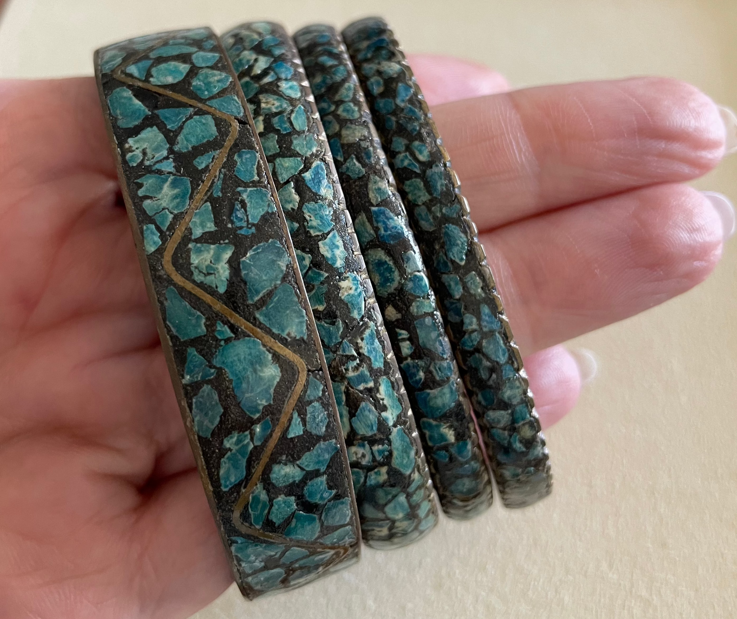 Vintage 1950s Indian Turquoise Mosaic Inlay Brass Bangle Bracelet Set Mid-Century