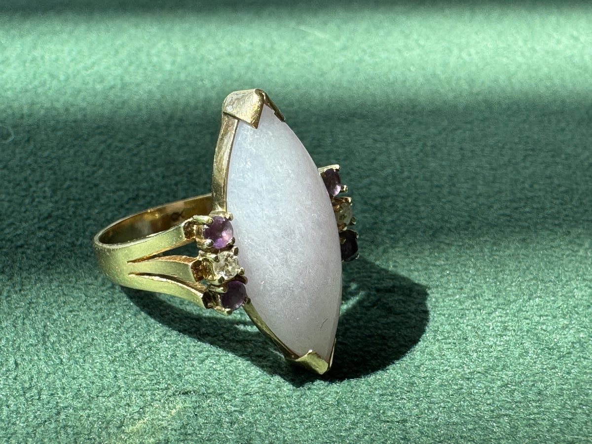 Vintage 14K Gold Lavender Jade Marquise Ring Diamond Amethyst Accents Not a Subtle Ring