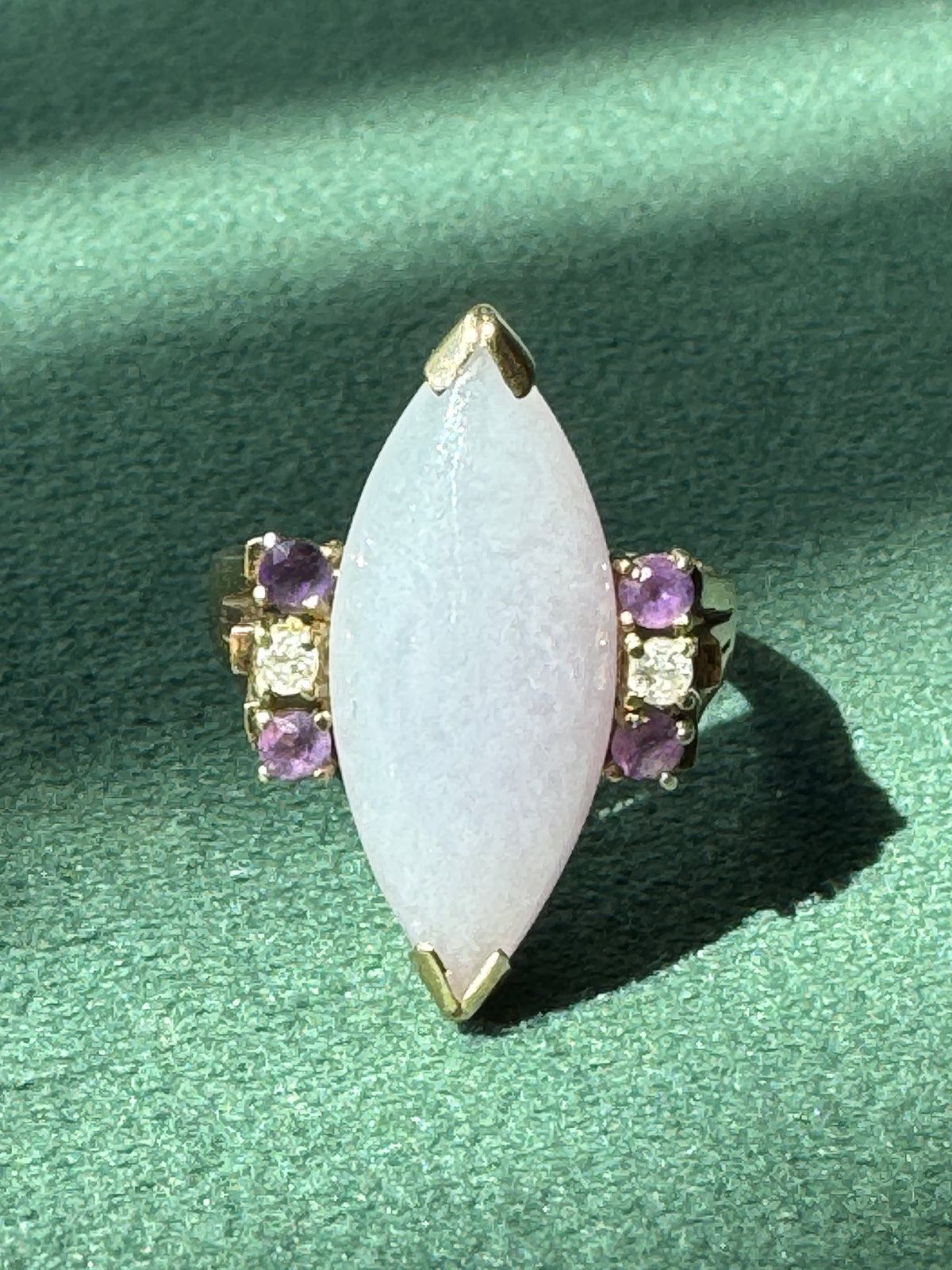 Vintage 14K Gold Lavender Jade Marquise Ring Diamond Amethyst Accents Not a Subtle Ring