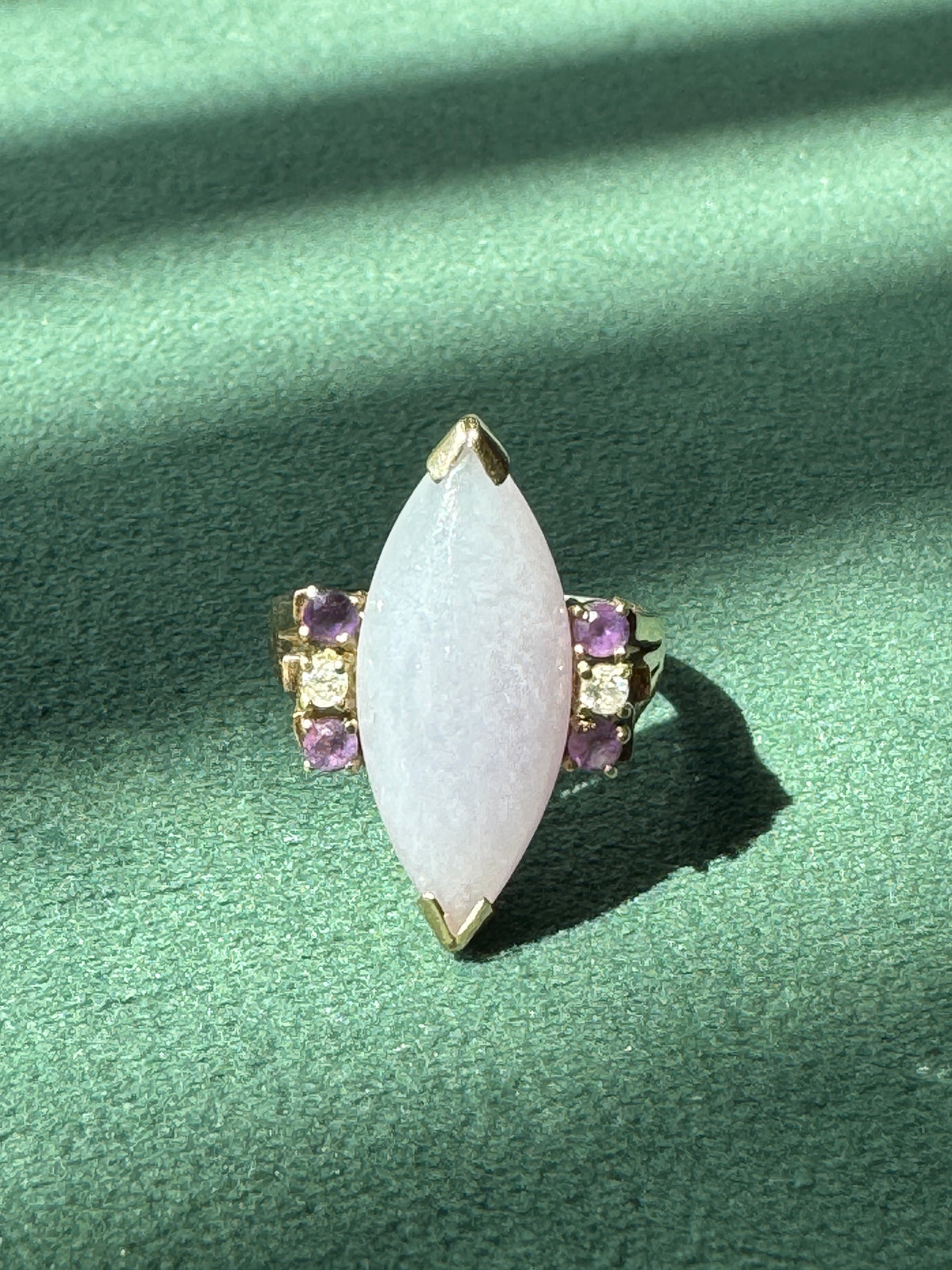 Vintage 14K Gold Lavender Jade Marquise Ring Diamond Amethyst Accents Not a Subtle Ring