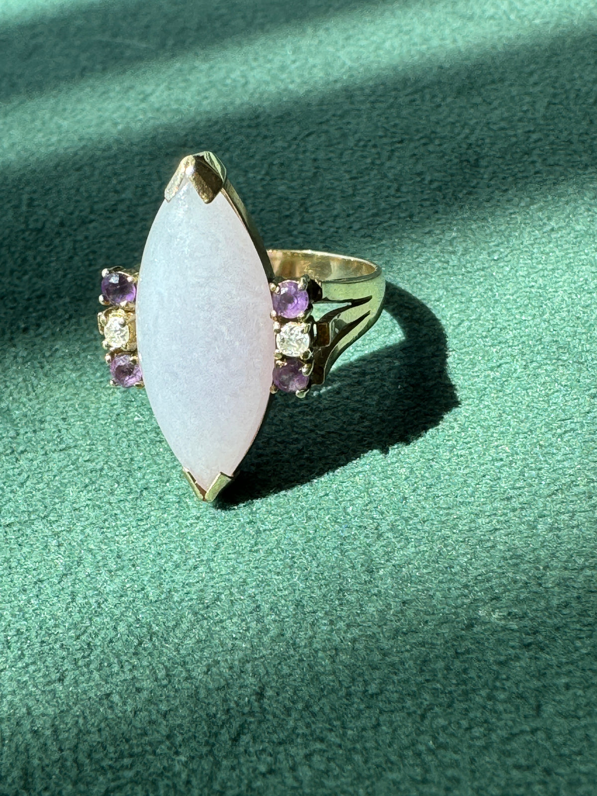 Vintage 14K Gold Lavender Jade Marquise Ring Diamond Amethyst Accents Not a Subtle Ring