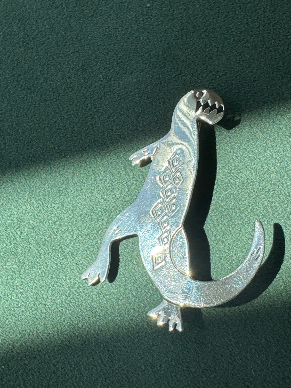 Vintage Sterling Silver Dinosaur Brooch Signed Woods Southwestern Stamped Design