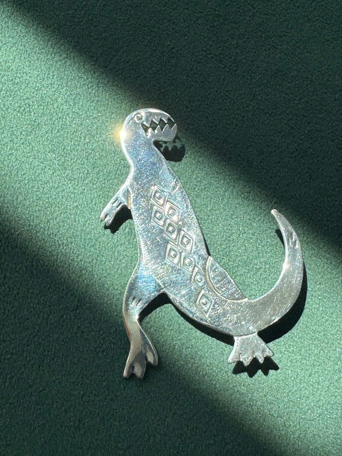 Vintage Sterling Silver Dinosaur Brooch Signed Woods Southwestern Stamped Design