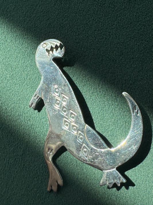 Vintage Sterling Silver Dinosaur Brooch Signed Woods Southwestern Stamped Design