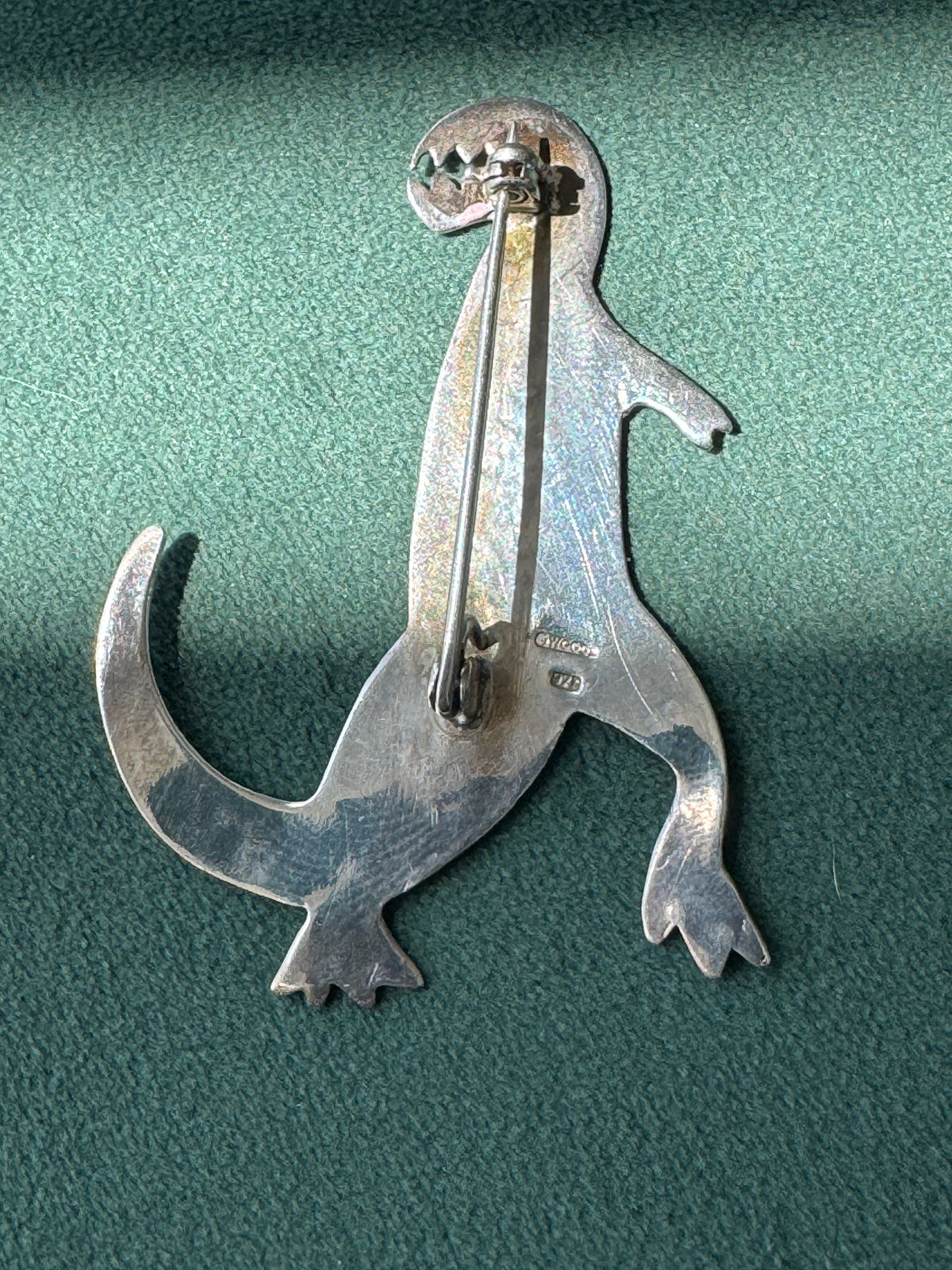 Vintage Sterling Silver Dinosaur Brooch Signed Woods Southwestern Stamped Design