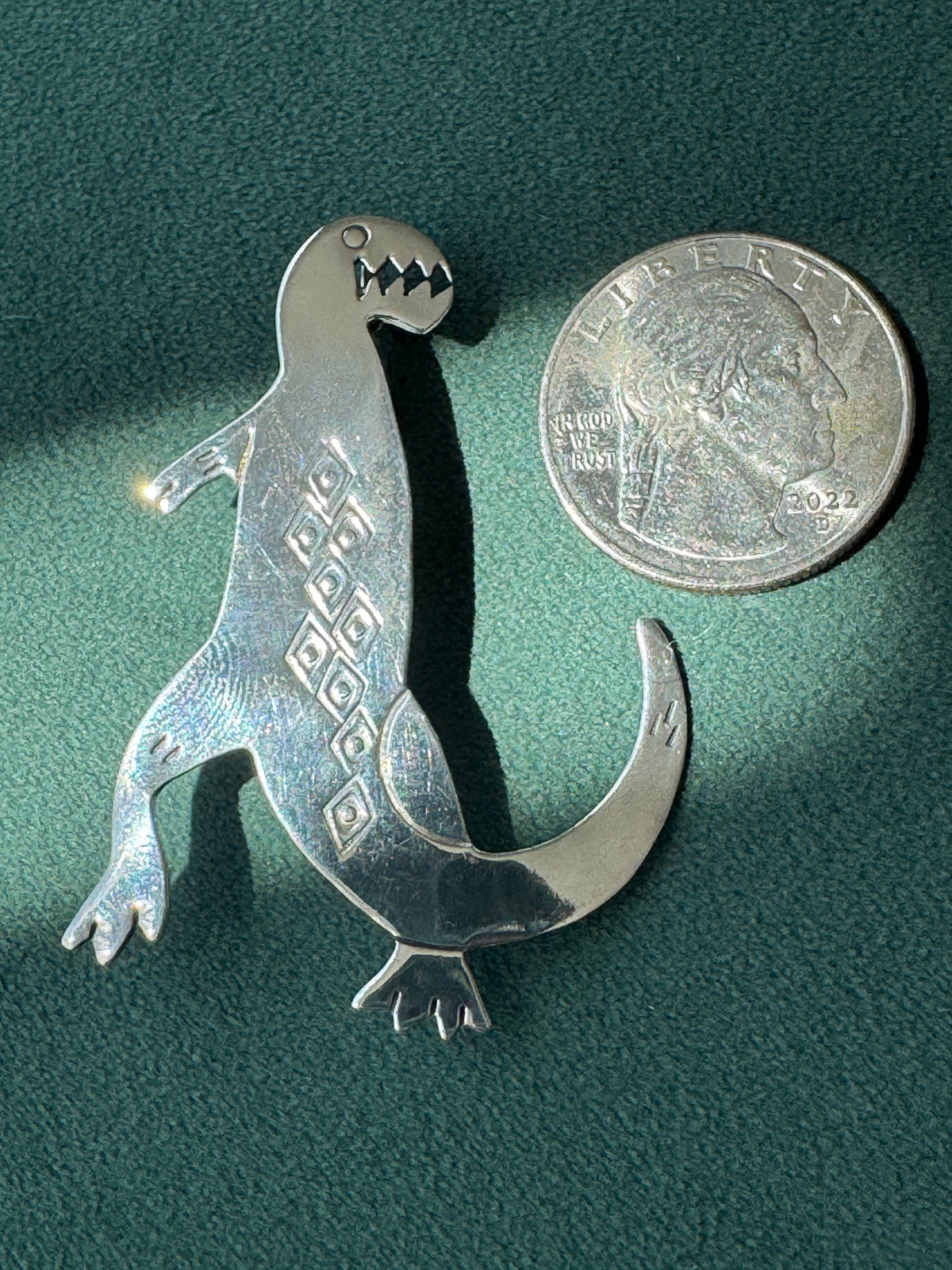 Vintage Sterling Silver Dinosaur Brooch Signed Woods Southwestern Stamped Design