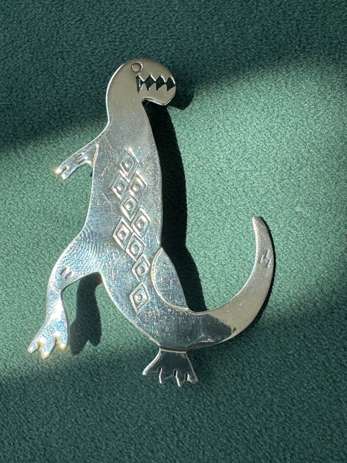 Vintage Sterling Silver Dinosaur Brooch Signed Woods Southwestern Stamped Design