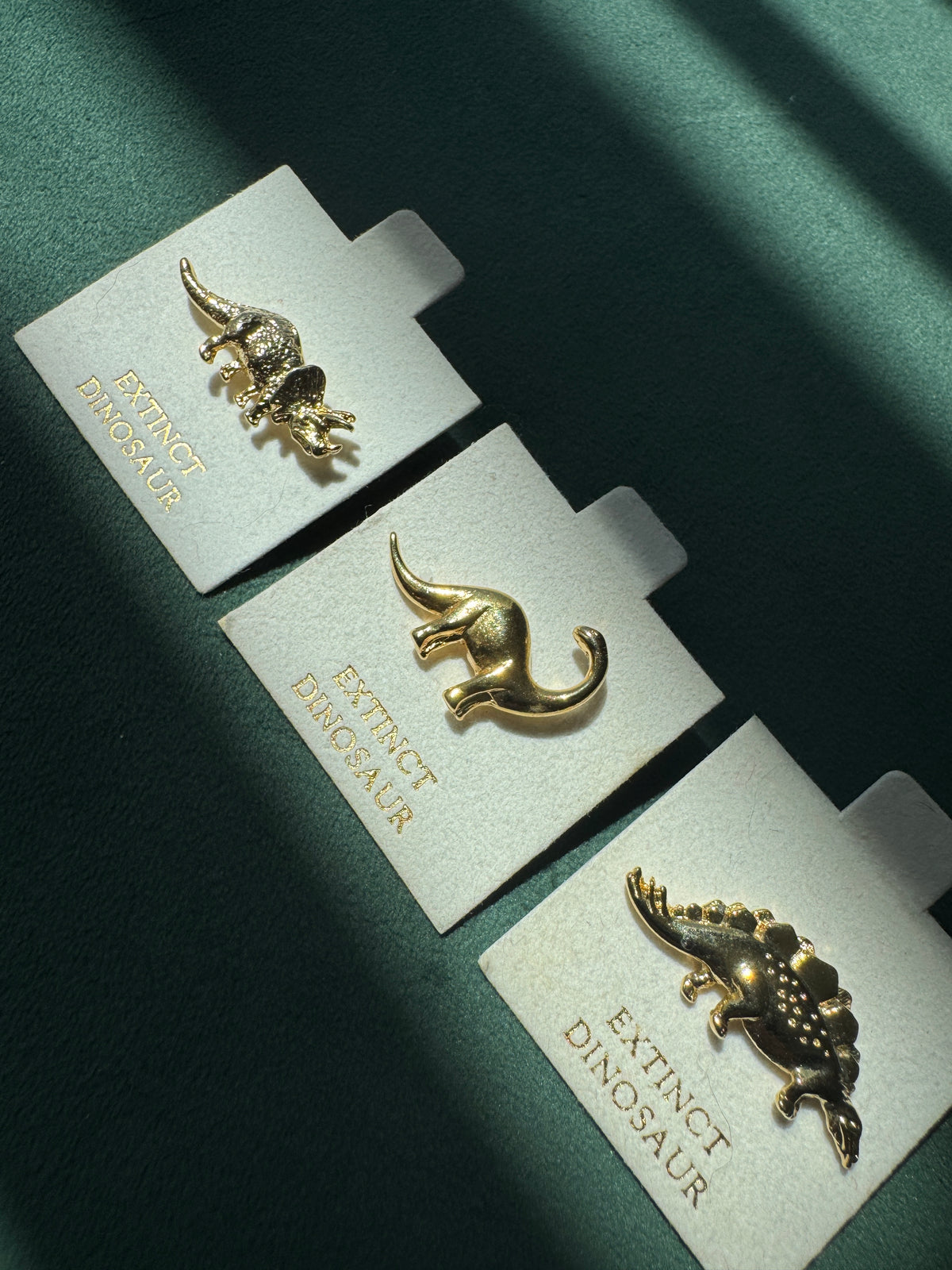 Vintage Dinosaur Lapel Pin Set of 3 Gold Tone Deadstock New Old Stock