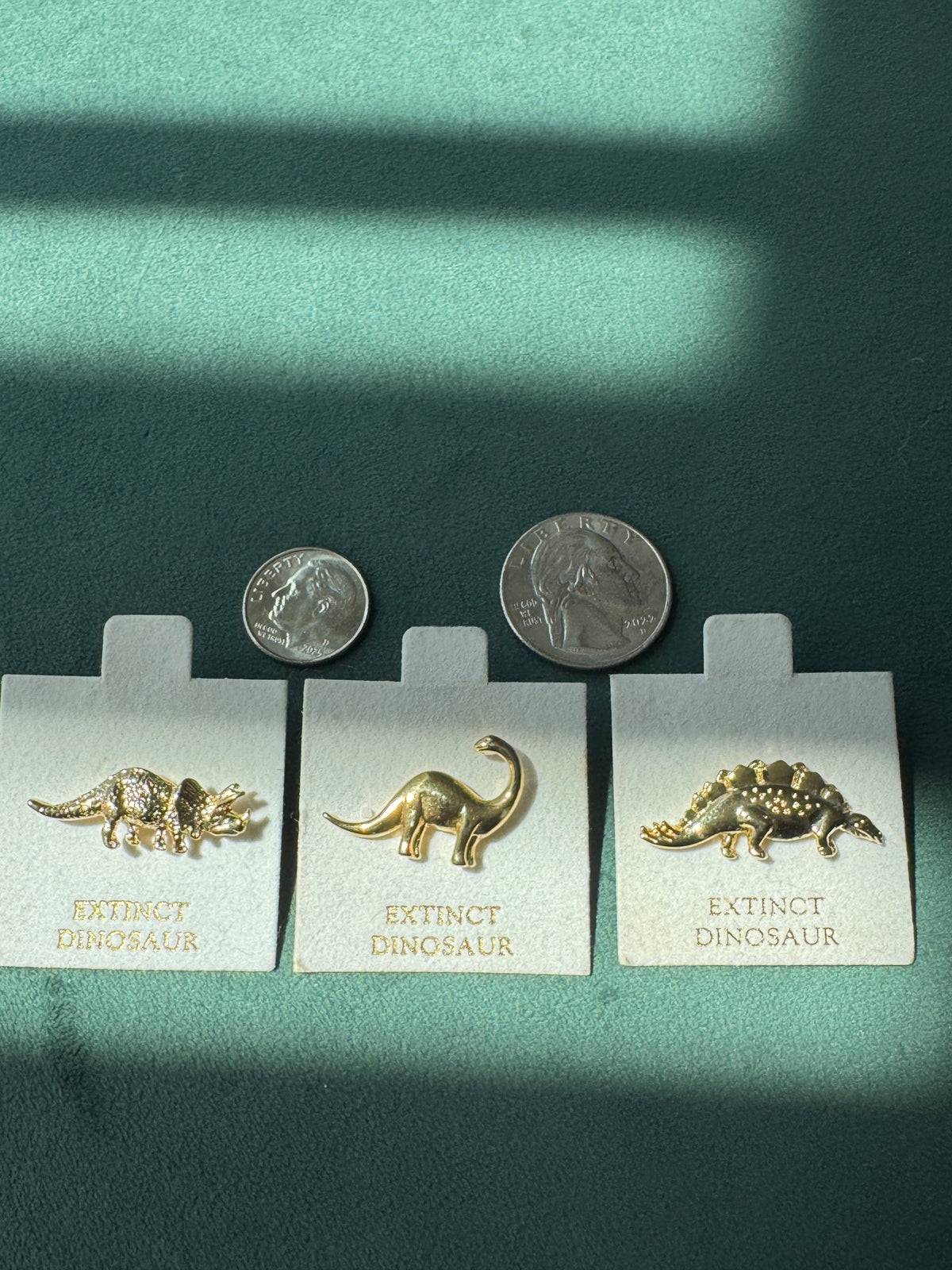 Vintage Dinosaur Lapel Pin Set of 3 Gold Tone Deadstock New Old Stock