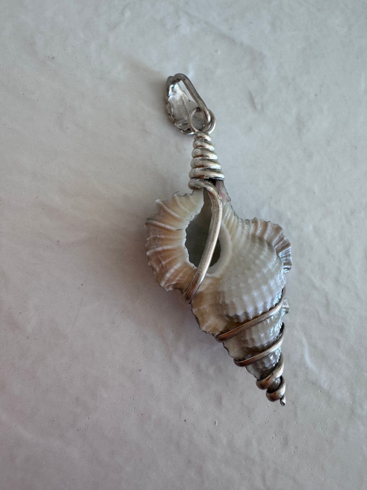 Estate sterling silver wire wrapped shell pendants with rainbow chrome iridescent finish showing purple blue and gold colors, approximately 2 inches long