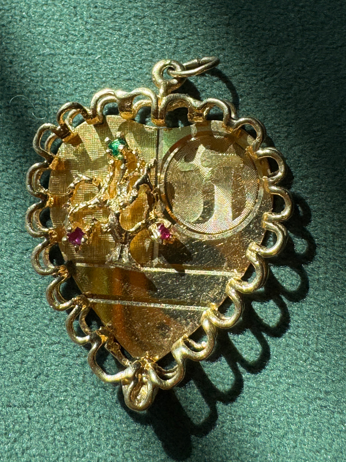 Mid-Century Tree of Life and Chai Heart Pendant in 14K with Gems