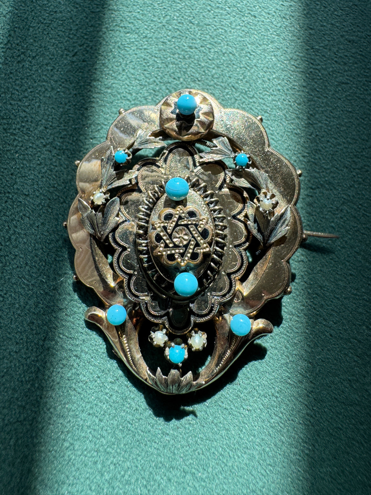 Antique Victorian 14K Gold Star of David Brooch Turquoise Pearl Judaica