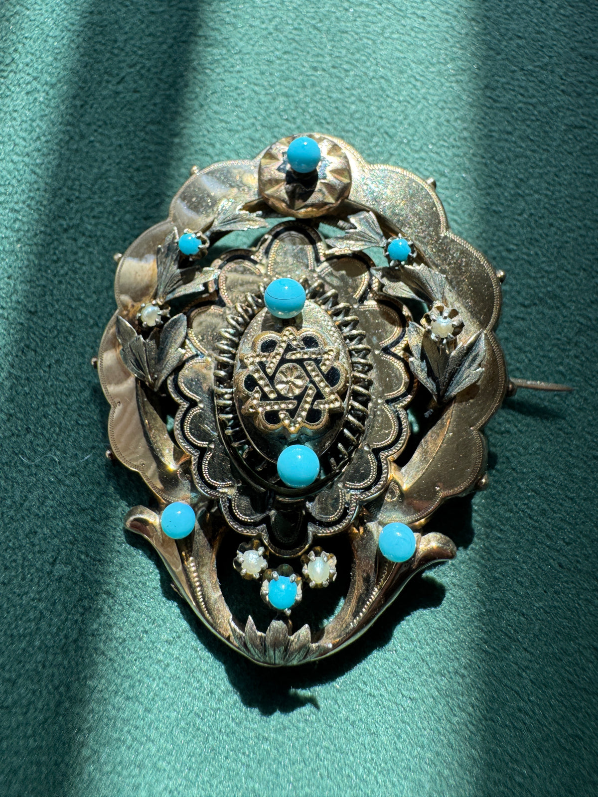 Antique Victorian 14K Gold Star of David Brooch Turquoise Pearl Judaica