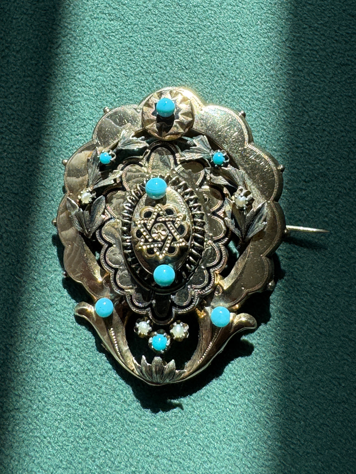 Antique Victorian 14K Gold Star of David Brooch Turquoise Pearl Judaica