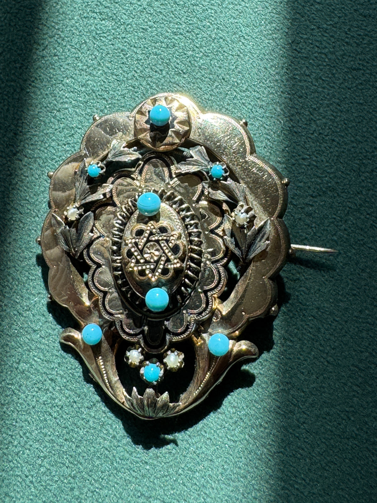 Antique Victorian 14K Gold Star of David Brooch Turquoise Pearl Judaica